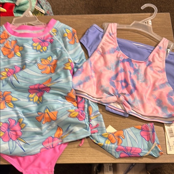 NWT bundle girls 16 swimsuit sets both 2 piece. One is a long sleeved swim shirt - Picture 1 of 6